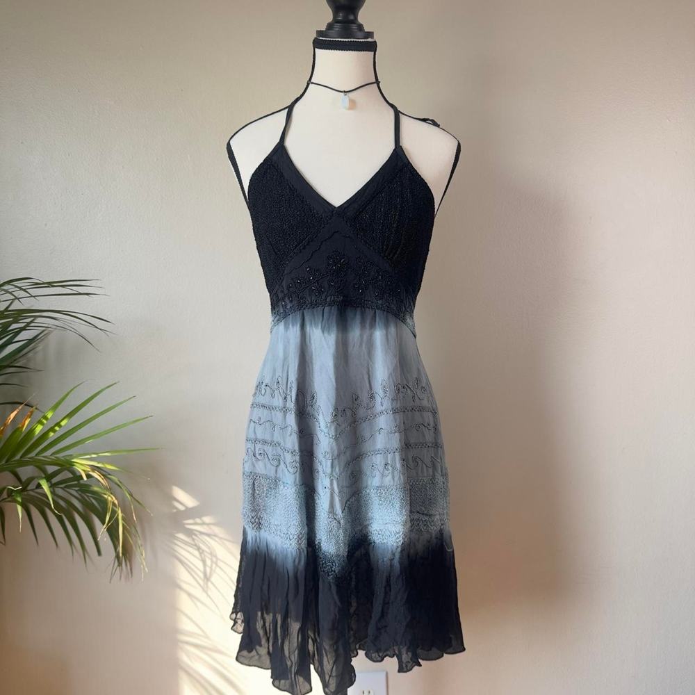 Stunning Y2K Grunge Black & Grayish Blue Halter Crochet Beaded Fairy Dress - M